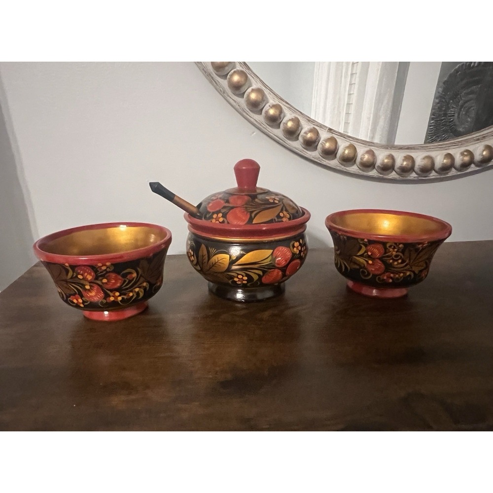 Vintage Russian Khokhloma Wooden Sugar Bowl w Lid Spoon & 2‎ Bowls Hand Painted